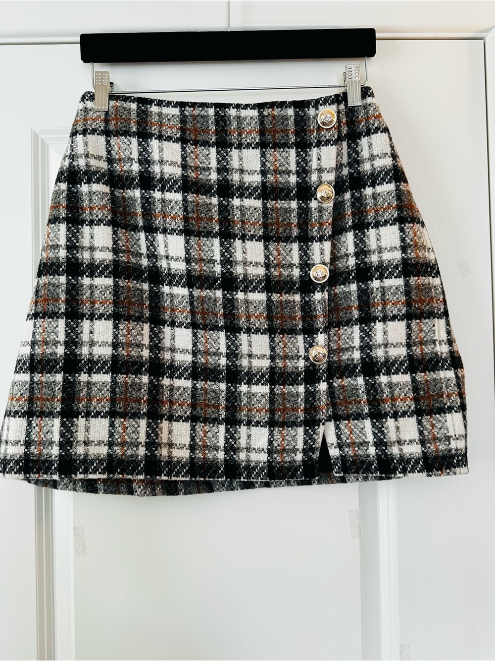 Plaid Mini Skirt Black White Brown Gold Button Preppy Academia Fall Autumn XL